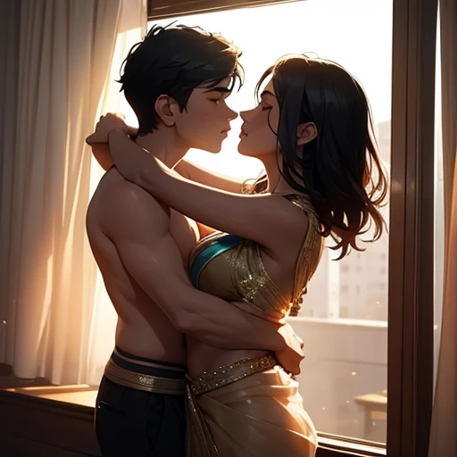  boy shirtless kissing and making out passionately with a woman wearing a saree leaning on windowsill, natural light, intense and intimate, lustful