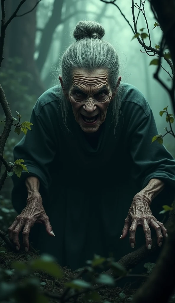 old lady black eyes angry face, ghost, horror, jungle , background midnight, Black theme