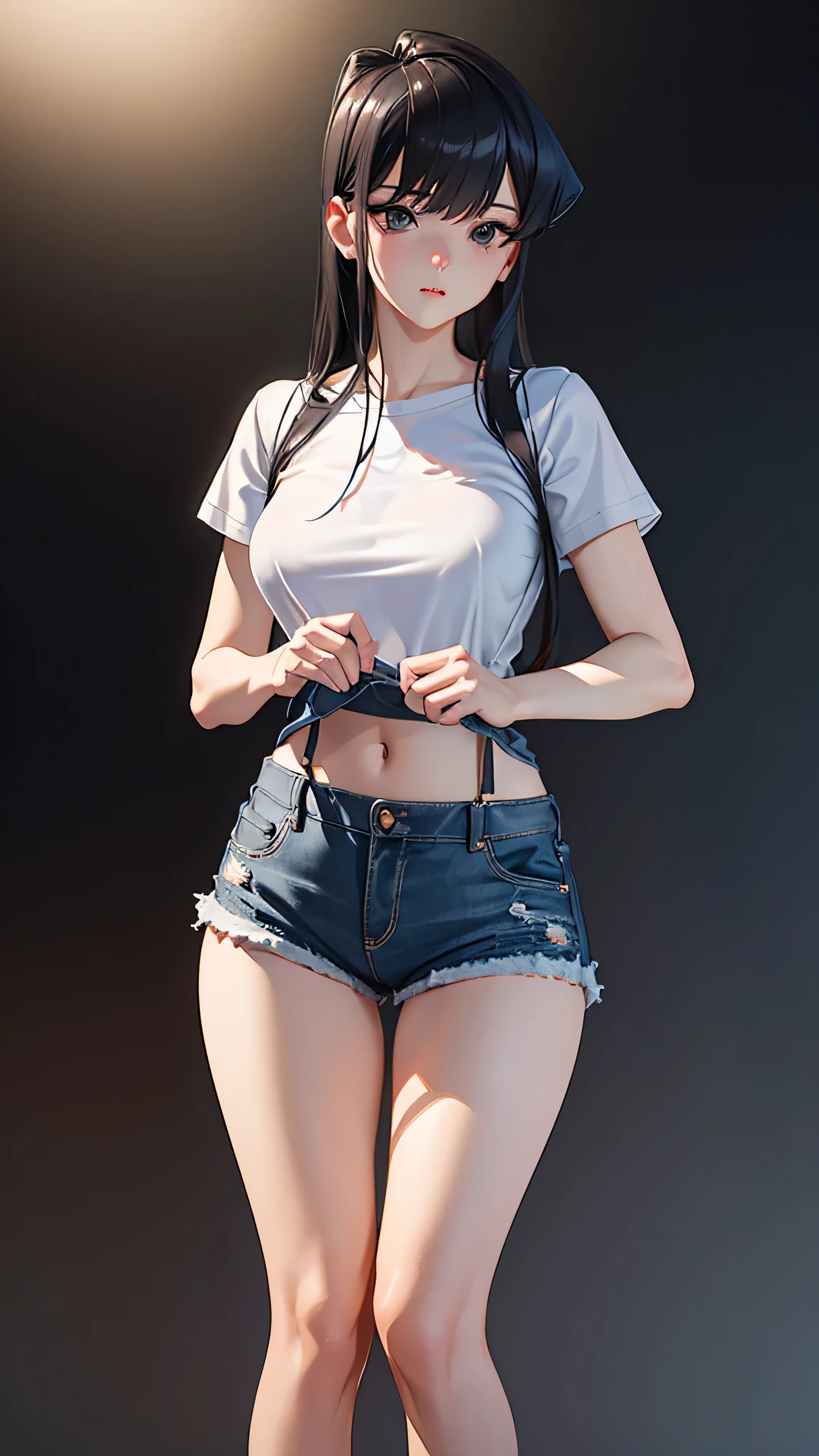 4K, masterpiece, 8k, high quality, 最high quality,10歳のcute少等生, Very white skin, Long brown hair，a bit，Low length，freckles，Thin eyebrows，Straight bangs，(Flat Chest) ，feminine, Tilt, elegant, elegant, cute, smile, cute, Hilarious, belly button, Denim Low Rise Mini Skirt, ((Black knee socks)), (Ugly clothes)、((Gray background))