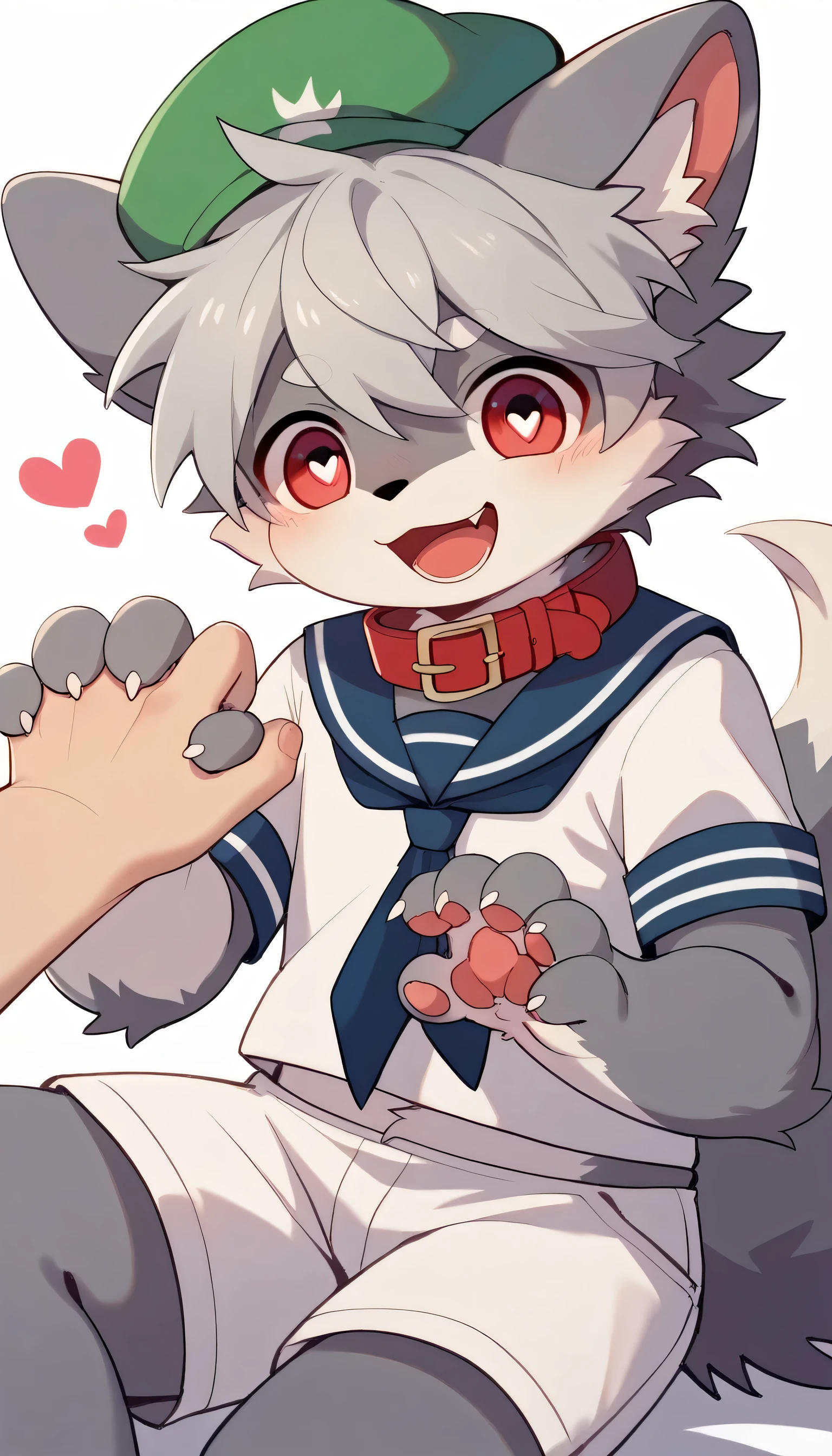  very detailedな,High image quality, Hi-Res,8K Hi-Res, very detailed,Grey Hair,Grey fur,******,male, excited to see bones , wolf fur,Excited,participate, cute face, fluffy fur like one,A cute furry young man with a white and green hat ,Horny boy,cute ears ,Fluffy Ears ,Fluffy Ears ,Show me a paw ,sit, holds hands, and a red collar,, cute fur boy , boy, heart eyes,Horny boy , black back , blush nose ,Alone,Droopy ears, white shorts,Blue Sailor Suit