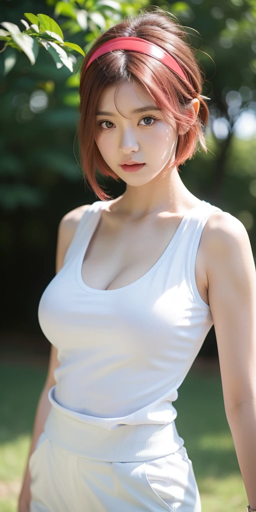 1girl, haruno sakura, pink short hair, green eyes, forehead mark, red hairband, dark red sleeveless dress, big breasts, white pants, rural background