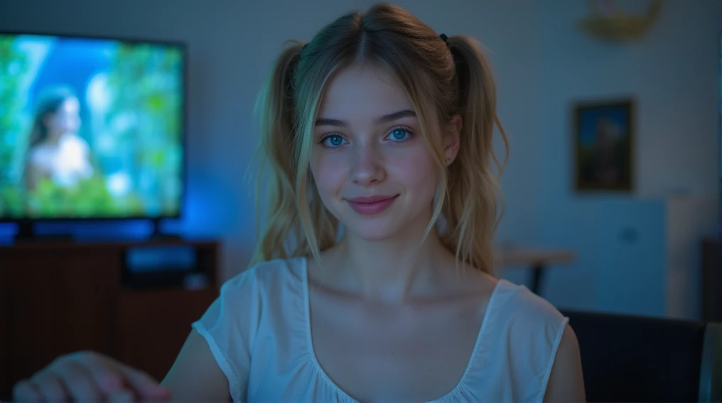 ahoge photo, pastel pink neon lights, Flat lighting, (soft saturation:1.2), blonde girl with a braid, realistic photo