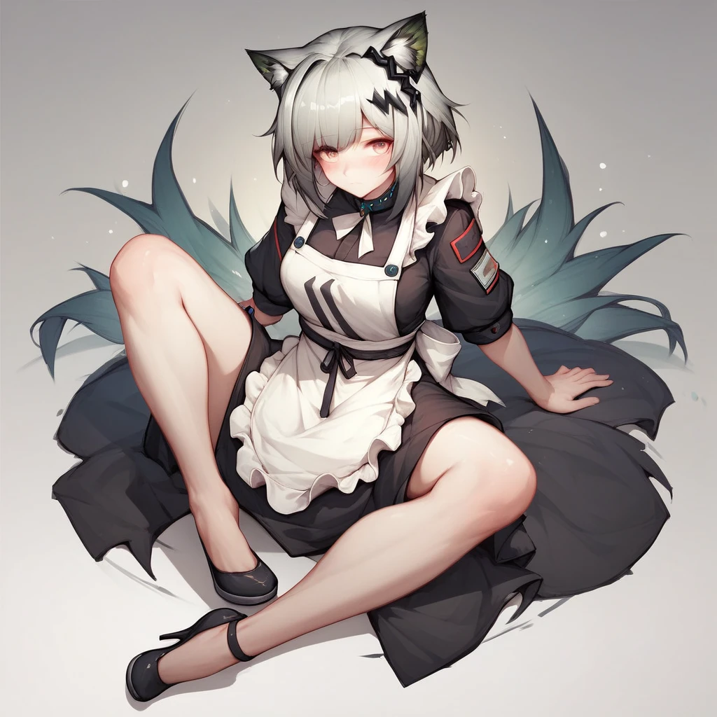 bedroom, cape, bracelet, bandages, armlet, bandaged arm, hooded cape, navel, tail, anklet, greaves, cane, short hair, ahoge, crown, full body, (loli:1.15), cat ears, flat chest, necklace, red eyes, fang, jitome, white hair, wand, bare legs