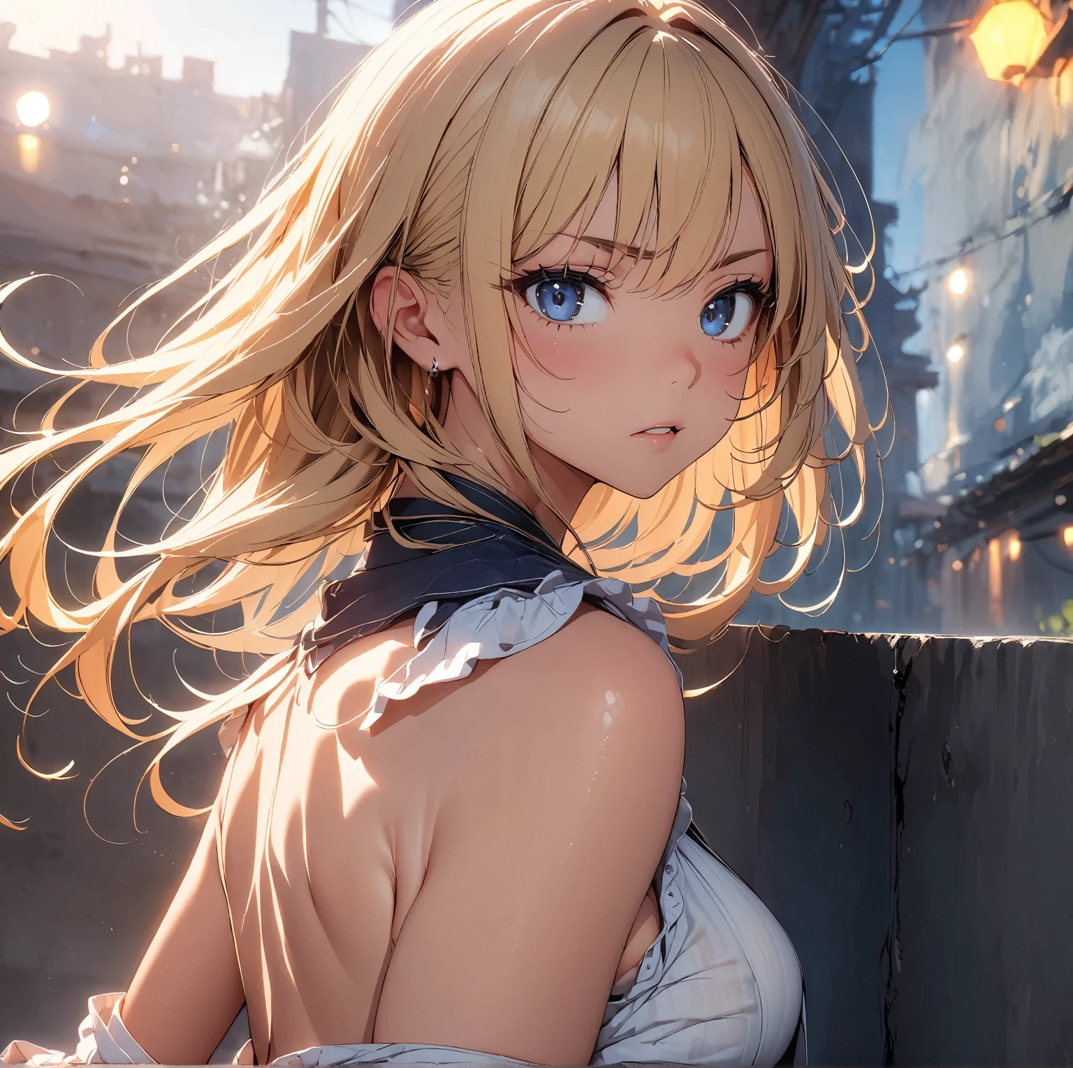 One person, woman, Ultra-high resolution, 超detailed, Highest quality, 8k,((Highest quality)), ((masterpiece)), (detailed)，Face direction(front)，Hair Color(Light blonde，Fine hair quality), Hairstyle(straight), background(blue sky，morning)，eye(きれいなeye元), clothing(Blue-based negligee)，expression(Exquisite features depicting a perfect face)，Body Type(model，Naturally beautiful)，Perfect hands，完璧なwoman像, Dramatic Shadows, Japanese, Cute pose, Anime characters, Code Geass, write the whole body