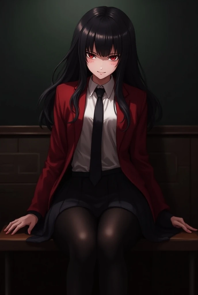 (masterpiece, best quality,:1.2),1girl, Yuuko, purple hair, long hair, red eyes, hime cut, blunt bangs,breasts,classroom, many_table,window,school uniform,black serafuku,skirt,sitting, bare lage breasts,looking at viewer,from below,
Crimson twilight sky,darkness,smile, <lora:YuukoV1:0.73>, BREAK , backlighting,cinematic lighting, low contrast ,parted lips, (horror film still:1.2), Blue Hour , <lora:add_detail:0.2>,cloudy sky, orange sky,crossed leg, black pantyhose,