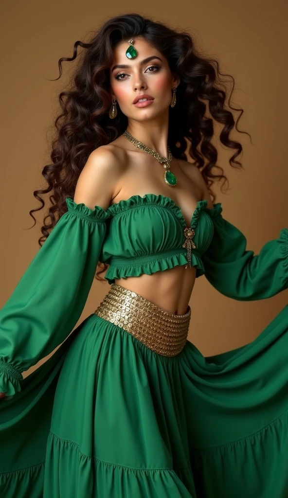 african woman, ebony, short curly hair, green clothes, arabian dancer clothes