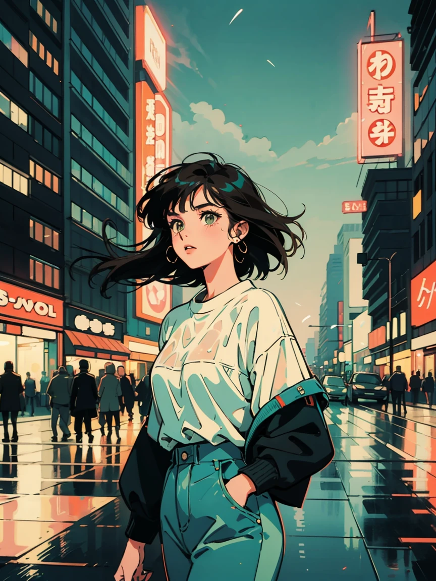 /imagine prompt: Retro book cover back, a 21-year-old woman with flowing black hair, light brown eyes, wearing casual 70s attire, crossing a wide plaza in a city, illuminated by distant skyscrapers’ neon lights in blue and teal, wet pavement reflecting light, sparse late-night ambiance, high-quality animation style, 1970s aesthetic, faint urban sounds, cool lighting tones --ar 2:3 --v 6.0
