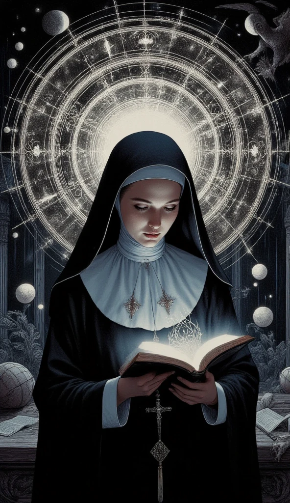 a nun in a medieval fantasy setting. reading a book, with magic circles forming above her.