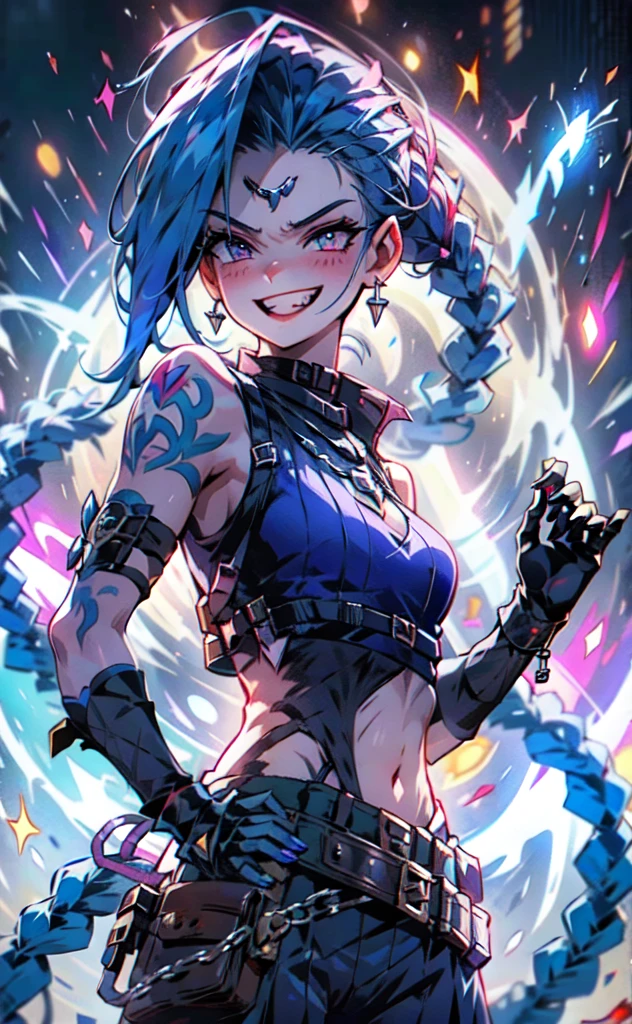 1girl,meishaonv, gun, , (Z letter), Jinx, a slim beautiful girl with blue hair in a glittering cyberpunk landscape, carrying a gun in her right hand and holding a "Hextech" gemstone in her left hand; she is swaggering with confidence, slim black leather pants, tight chain vest, a crystalline bracer on her arm, and she is grinning menacingly.