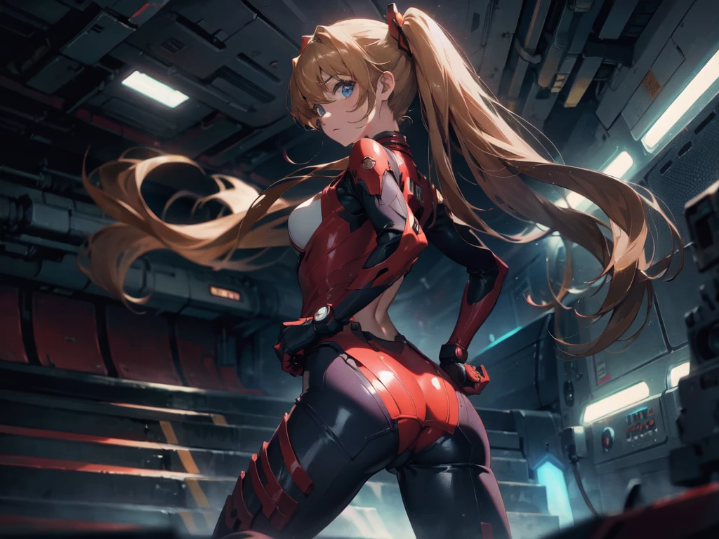 Masterpiece, best quality, <lora:NemesisV10:1>, Nemesis, 1girl, long hair, solo, red eyes, outdoors, ass, looking back, looking at viewer, standing, from behind, sky, very long hair, blurry, parted lips, weapon, floating guns