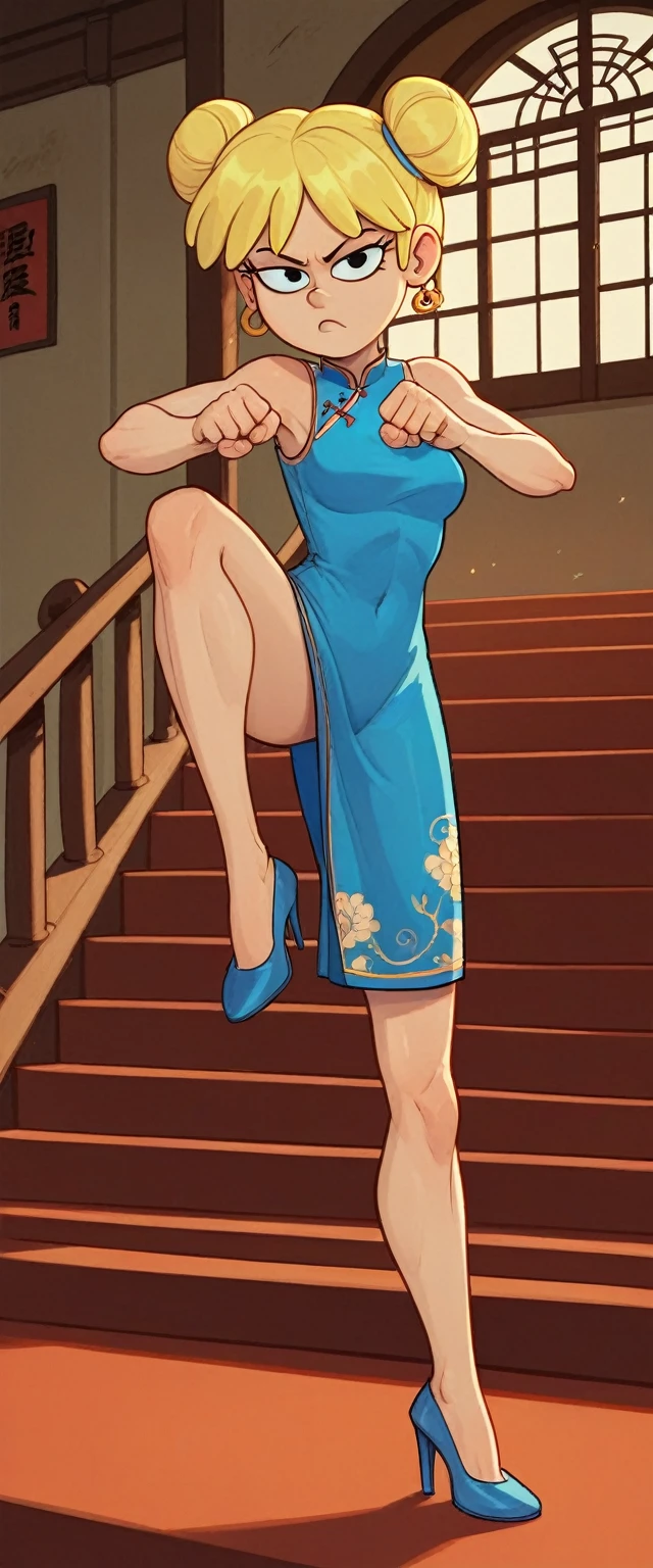 lori loud, 1girl, solo, 24yo girl, blue cheongsam,  inside of a chinese style temple, looking at viewer, blonde hair, short hair, two hair buns , hands  score_9, score_8_up, score_7_up, high heels,teep fighting stance,martial arts, guarding the stairs, stairs behind her