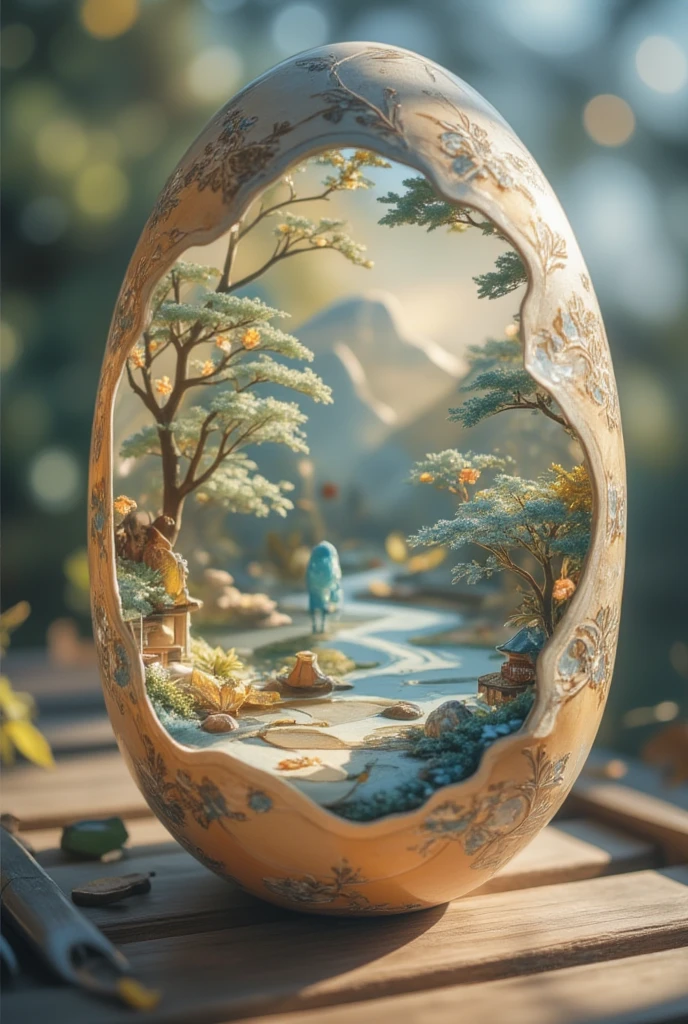 ZOZ_XUANHUAN A masterpiece within an eggshell: a miniature landscape unfolds, crafted with precision in hollow-carved Chinese craftsmanship. Tiny trees, birds, and streams swirl inside the delicate eggshell canvas, as if painted by tiny brushes. White paper sculptures bring texture to the scene. Ultra-clear details emerge, as if viewed through a wide-angle lens, with depth of field effect blurring the edges. The 3D perspective transports the viewer into this serene world, where precision and softness converge in perfect harmony.
