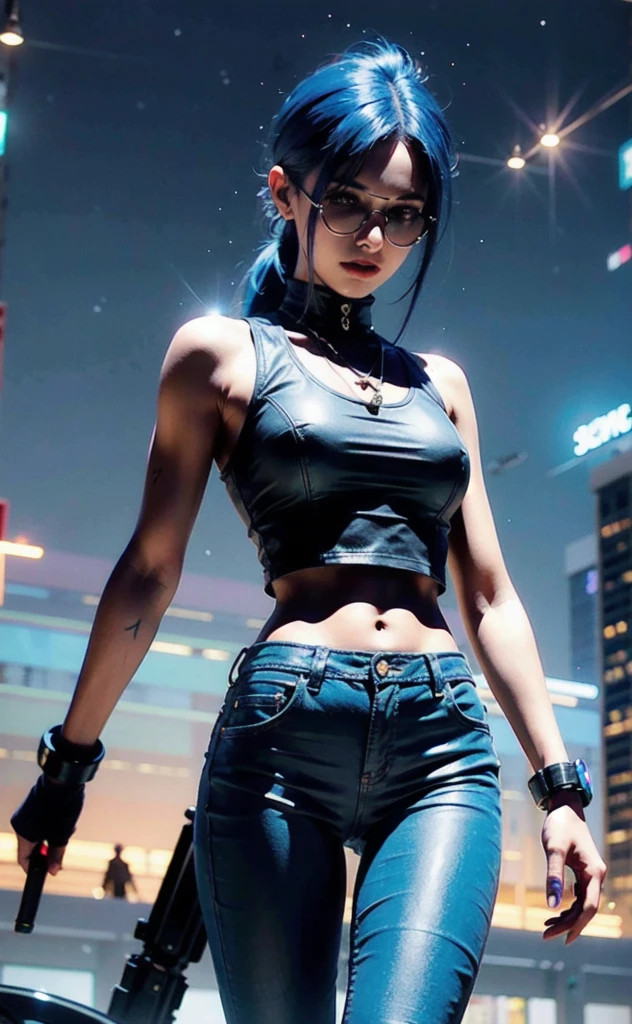 A photorealistic picture of 1girl,meishaonv, gun, , (Z letter), Jinx, a slim beautiful girl with blue hair in a glittering cyberpunk landscape, carrying a gun in her right hand and holding a "Hextech" gemstone in her left hand; she is swaggering with confidence, slim black leather pants, tight chain vest, a crystalline bracer on her arm, and she is grinning menacingly.