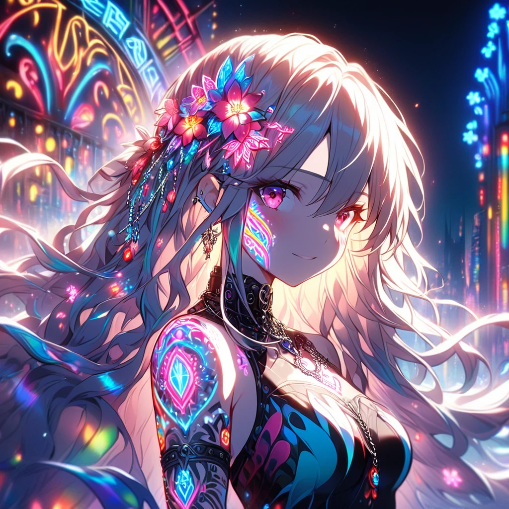 A beautiful anime girl in the style of Shoujo manga, stained glass dress, black background, vibrant colors, night time, cyberpunk, flowers and vines everwhere, neon lights glowing through all the plants and foliage --ar 71:128 --s 750 --niji 6 --style raw