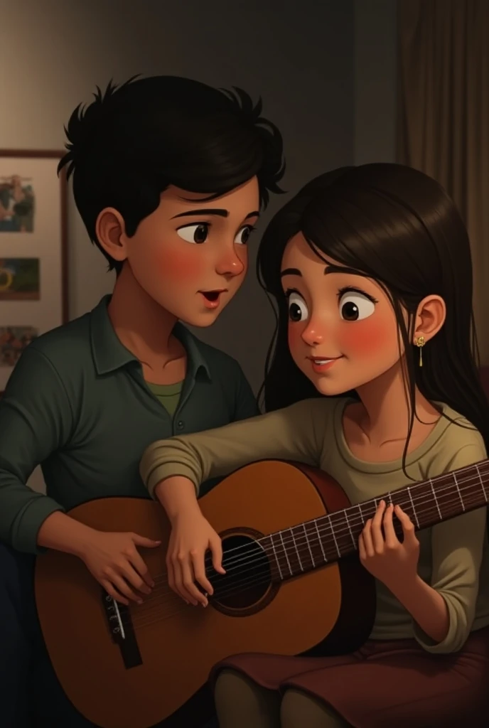 C'est une photo d'une jeune fille, de longue chevelure noir avec une frange Dora et des yeux marrons entrain de jouer de la guitare dans sa chambre et par la porte d'entrée de sa chambre se trouve un jeune homme au cheveux blond chatain et des yeux turquoise rivé vers la jeune fille et entrain d'écouter sa douce mélodie. Version pixar 2d