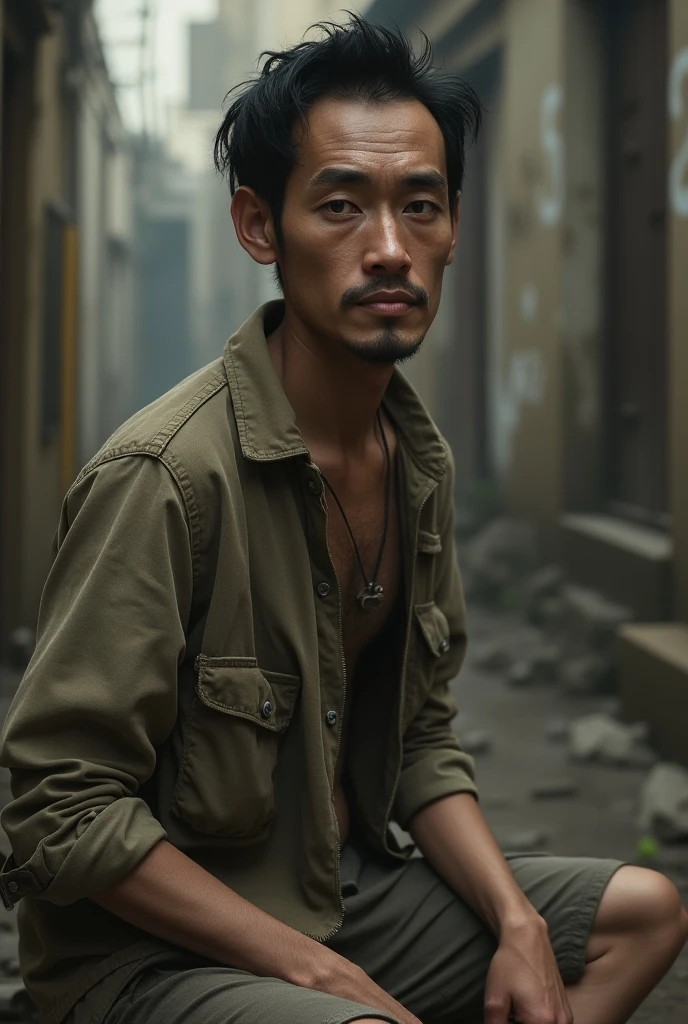 masterpiece, Highest quality, Realistic, Cinematic, Detailed face, 8k, Ultra-high resolution, シャープなフォーカスmovieのような写真 , Highest quality, Super detailed, 8k, mysterious, Messy green hair, 35mm photo, movie, Bokeh, Professional, 4K, Very detailed、male、Topless,Very ugly、Dirty skin,movieのような雰囲気、Big black pants,The green hair is messy,、Has two sickles、Very dirty、The background is an abandoned old Japanese town.、Japanese、Surprisingly skinny,There are many warts on the face、Skin and bones,Big black pants,There are many warts on the face、Morbid thinness、Has two sickles、Very scary、不気味なmale、The eyes are small and droopy,The nose is very low and flat,Mouth open,Shark-like teeth,Pure white, bloodless skin,
