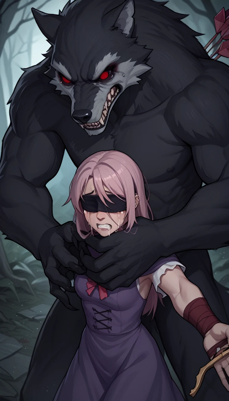 (zPDXL2), (PonyXLV6_Scores), source_anime, source_anthro, source_furry, rating_questionable, Expressiveh, asymmetric image, BREAK
lhata4564, 2others, (werewolf, (bleeding, injuried body, werewolf body covered in blood), covering girl with self body, in pain, not crying), (werewolf pierced with arrows, stadded with arrows:1.5) , BREAK
(Nataly, blind girl, scared, wearing peasant dress and blindfold, crying) 