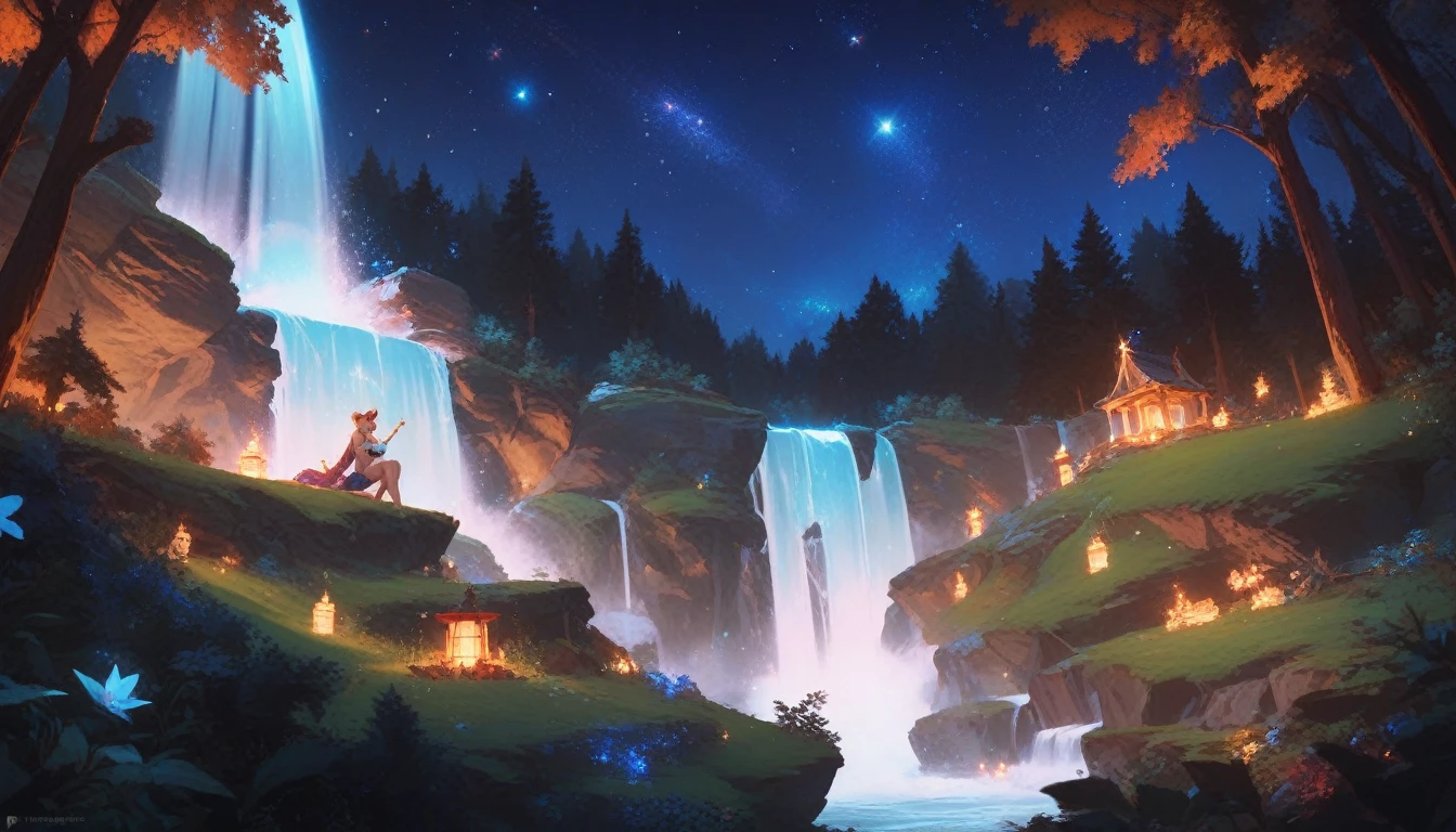 A magic forest with waterfall, during at night, cosmic sky, stars, Masterpiece, 4K