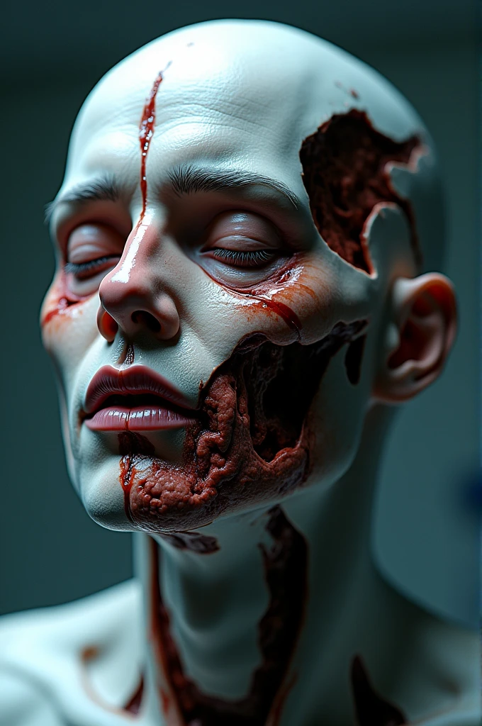 Dissected head, showing bloodied brain, spine and eyes, screaming