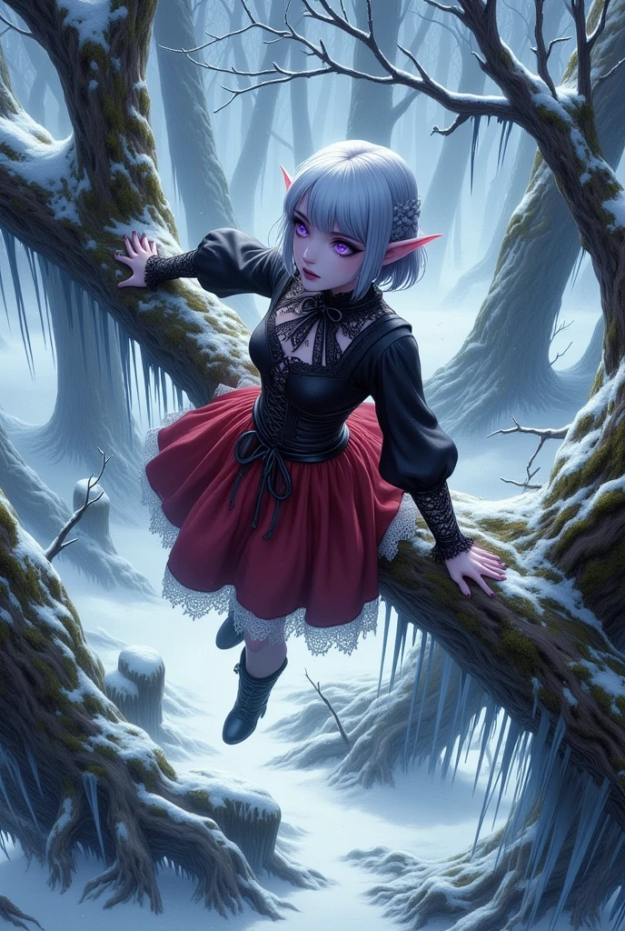 (Ultra-detailed face, Looking away, Fantasy Illustration with Gothic, Dark tone colors.), BREAK 
(A bird's-eye view from above, looking down on the ground. Deep in a frozen forest, a female dark elf ranger is climbing a huge tree, 200 meters in diameter and covered in ice, and crossing a large branch that juts out above the snow cloud. The area is covered in a white haze, glistening blue-white as the moonlight reflects off the ice. The female ranger looks down at the ground far beyond with one hand over her eyes.), BREAK 
(The dark elf woman ranger wears a jet-black blouse with medieval-style lace bows and ruffles, and a crimson balloon skirt with white lace at the hem. She wears lacy black stockings and short black boots made of soft leather.), BREAK 
(She has glossy silver hair and eyebrows, blunt bangs, waist-length hair that is bunched and braided behind her neck, small pink lips, dark purple skin, lavender eyes, and a young-aged female dark elf ranger with thick, dark eyeliner around her eyes.), BREAK 
(This is a frozen, ancient forest that has been here for thousands of years. The atmosphere is sacred and filled with a pale glow of various shades.)