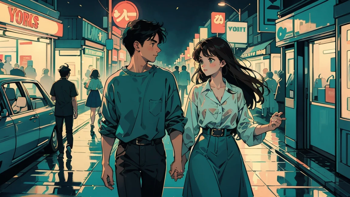 /imagine prompt: Retro book cover back, a young couple, a man and woman both with flowing dark hair and light brown eyes, dressed in casual 70s attire, walking together through a bustling city street at night, surrounded by tall buildings with neon signs in blue and teal, reflections on the wet pavement, vibrant urban atmosphere, high-quality animation style, 1970s aesthetic, slight fog, intimate mood --ar 2:3 --v 6.0
