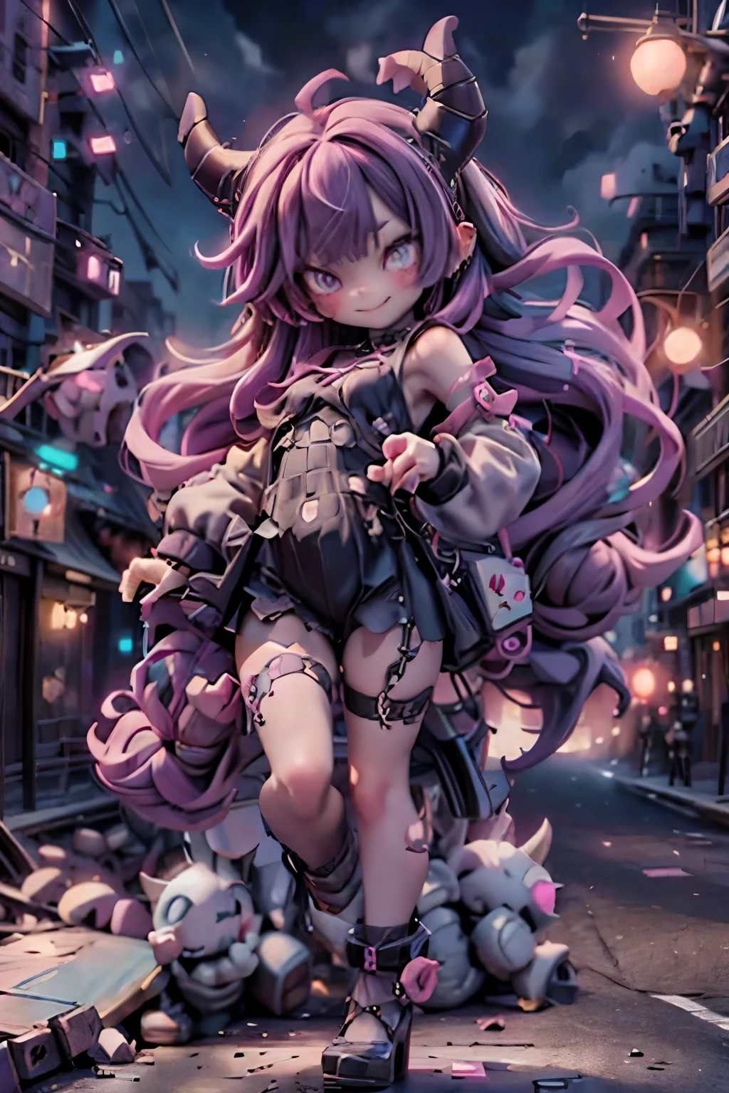 ankle strap pumps, bad luck horned girl, jinx horned girl, mischievous smile, dancing on the street, city in disaster at background, nighttime, dynamic action pose
