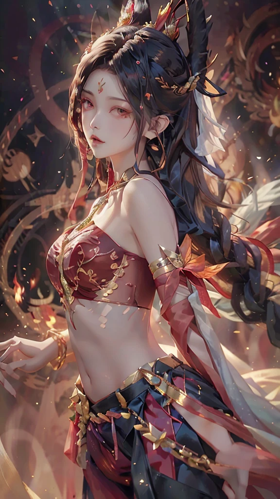 ((best quality)), ((masterpiece)), (detailed), Perfect face,Red and white kimono,The cuffs and lapels of the large sleeves are tied with this red silk scarf,Shrine maiden,Red long hair,Delicate brushstrokes,Soft and smooth long hair,Round forehead,Long eyelashes,Deep rose red eyes,Swan-like neck,Clear butterfly bone,Delicate and soft skin,Exquisite calves,Slender ankles,Slender figure,The downside is that there is a lack of agility between the eyebrows and eyes,belly button,Navel,exposed,beauty,Shoulders,Fair skin,Beautiful clavicle,White arms,beauty的玉足,Slender waist