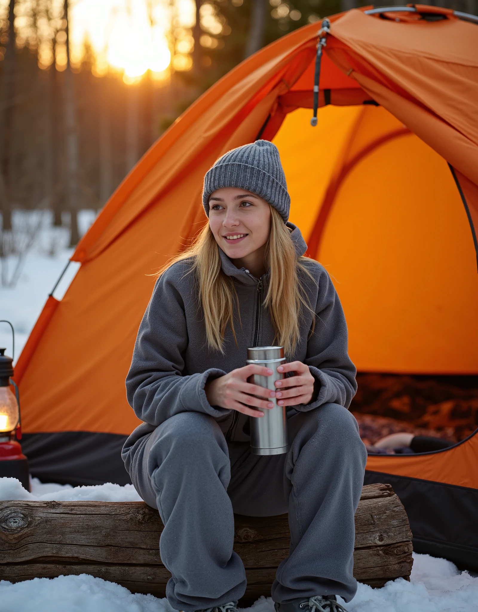 A professional outdoor photography of a beautiful young blond woman camping the wood; she wearing an fleece jacket, sweatpants and gray wool hat; she sitting outside of her orange tent on a wood log; she holding a thermos; a light-up camping lantern next to her; winter season; cozy atmosphere; sunset; sunset light; back lighting; depth of field; intricate detailed