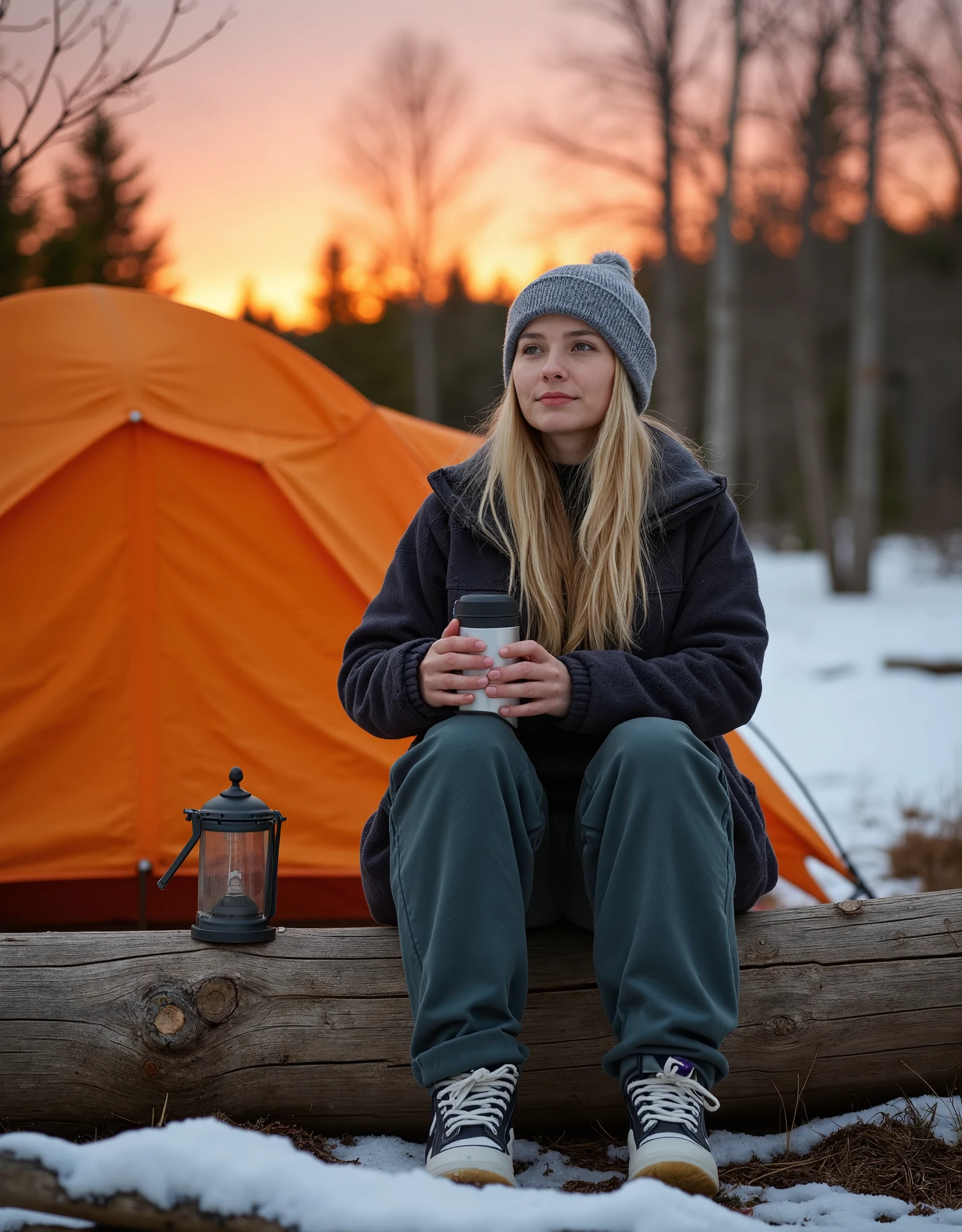 A professional outdoor photography of a beautiful young blond woman camping the wood; she wearing an fleece jacket, sweatpants and gray wool hat; she sitting outside of her orange tent on a wood log; she holding a thermos; a light-up camping lantern next to her; winter season; cozy atmosphere; sunset; sunset light; back lighting; depth of field; intricate detailed