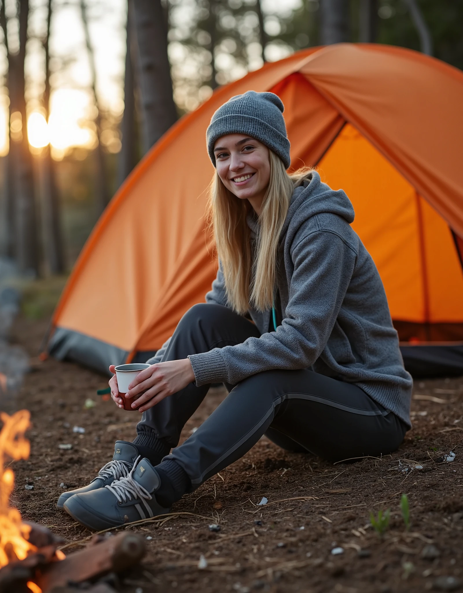 A professional outdoor photography of a beautiful young blond woman camping the wood; she wearing an fleece jacket, sweatpants and gray wool hat; she sitting outside of her orange tent on a wood log; she holding a thermos; a light-up camping lantern next to her; winter season; cozy atmosphere; sunset; sunset light; back lighting; depth of field; intricate detailed