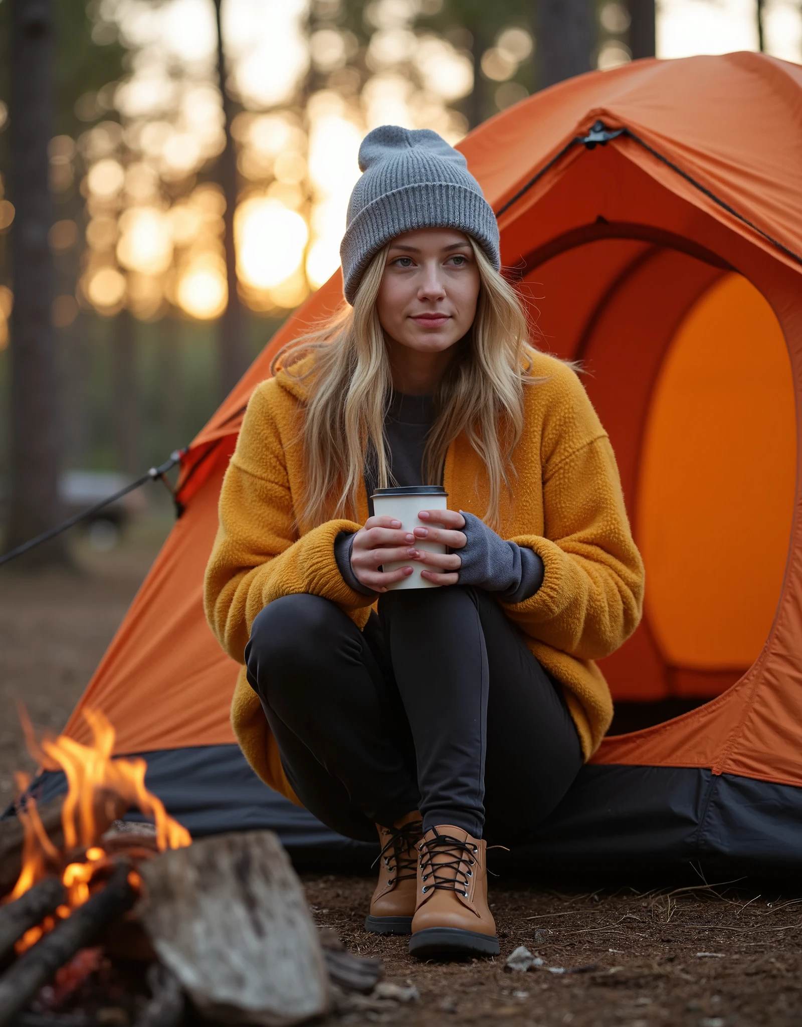 A professional outdoor photography of a beautiful young blond woman camping the wood; she wearing an fleece jacket, sweatpants and gray wool hat; she sitting outside of her orange tent on a wood log; she holding a thermos; a light-up camping lantern next to her; winter season; cozy atmosphere; sunset; sunset light; back lighting; depth of field; intricate detailed