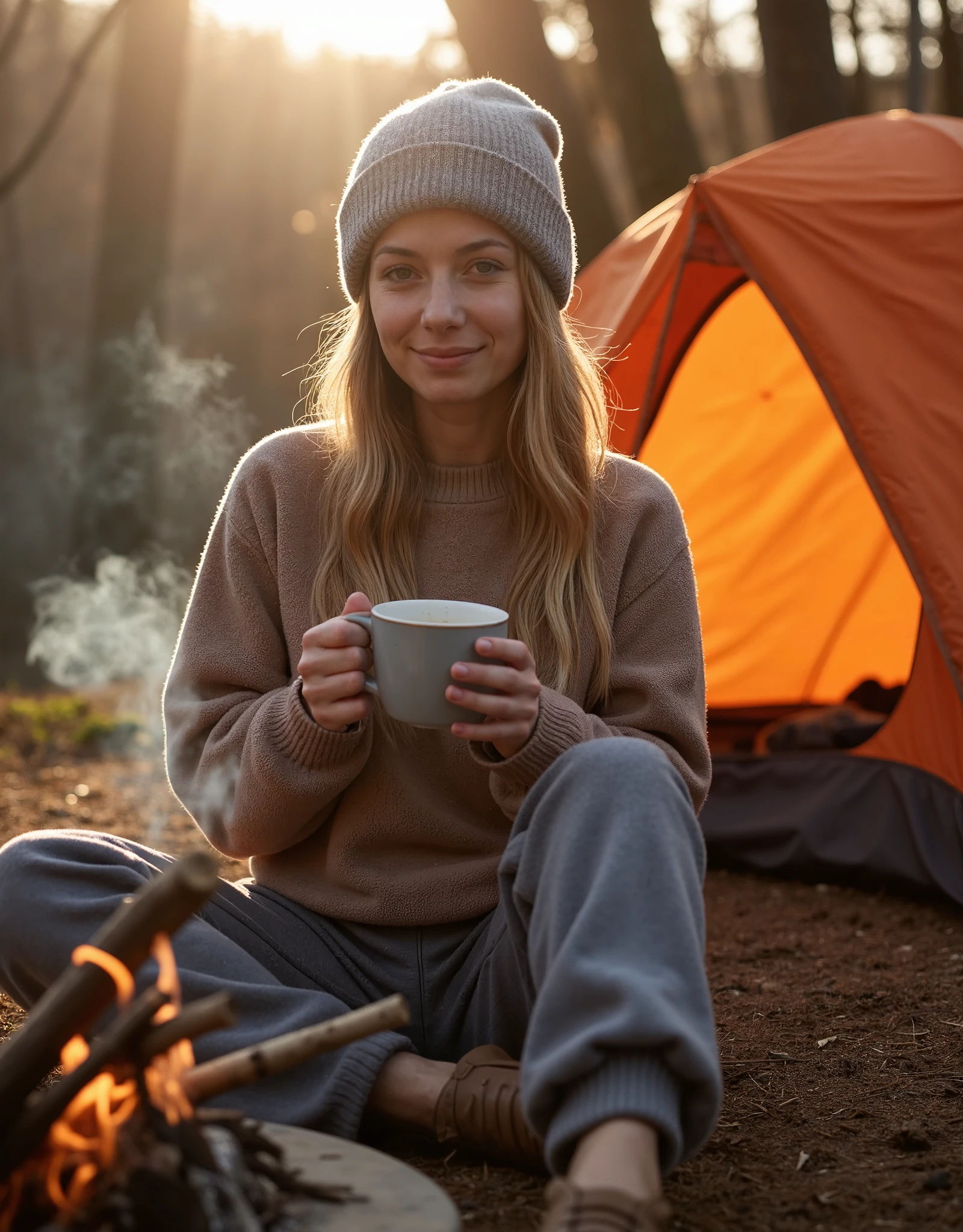 A professional outdoor photography of a beautiful young blond woman camping the wood; she wearing an fleece jacket, sweatpants and gray wool hat; she sitting outside of her orange tent on a wood log; she holding a thermos; a light-up camping lantern next to her; winter season; cozy atmosphere; sunset; sunset light; back lighting; depth of field; intricate detailed