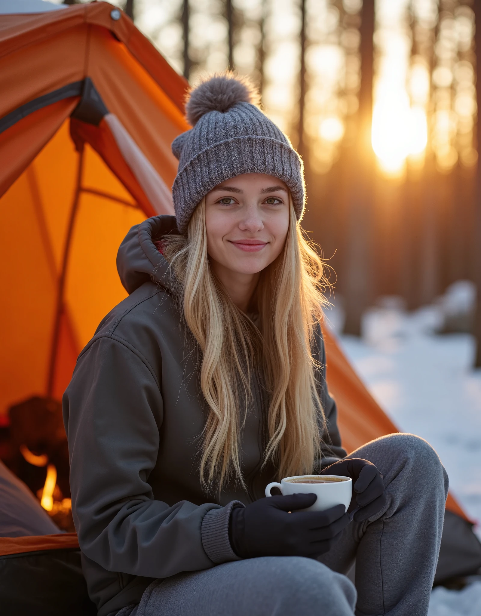 A professional outdoor photography of a beautiful young blond woman camping the wood; she wearing an fleece jacket, sweatpants and gray wool hat; she sitting outside of her orange tent; she holding a cup of coffee; small campfire; winter season; cozy atmosphere; sunset; sunset light; back lighting;