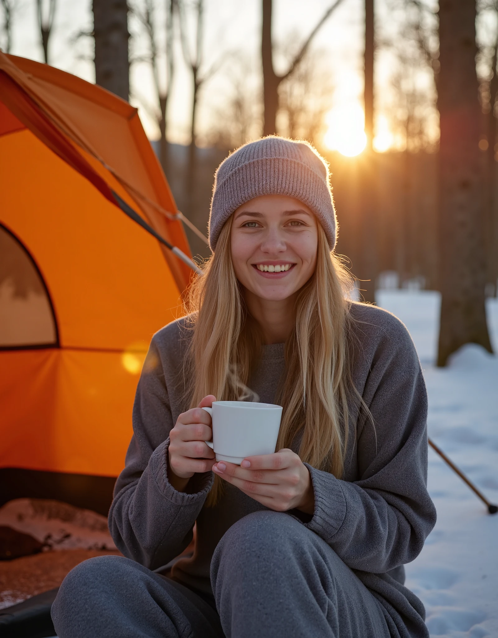 A professional outdoor photography of a beautiful young blond woman camping the wood; she wearing an fleece jacket, sweatpants and gray wool hat; she sitting outside of her orange tent; she holding a cup of coffee; small campfire; winter season; cozy atmosphere; sunset; sunset light; back lighting;