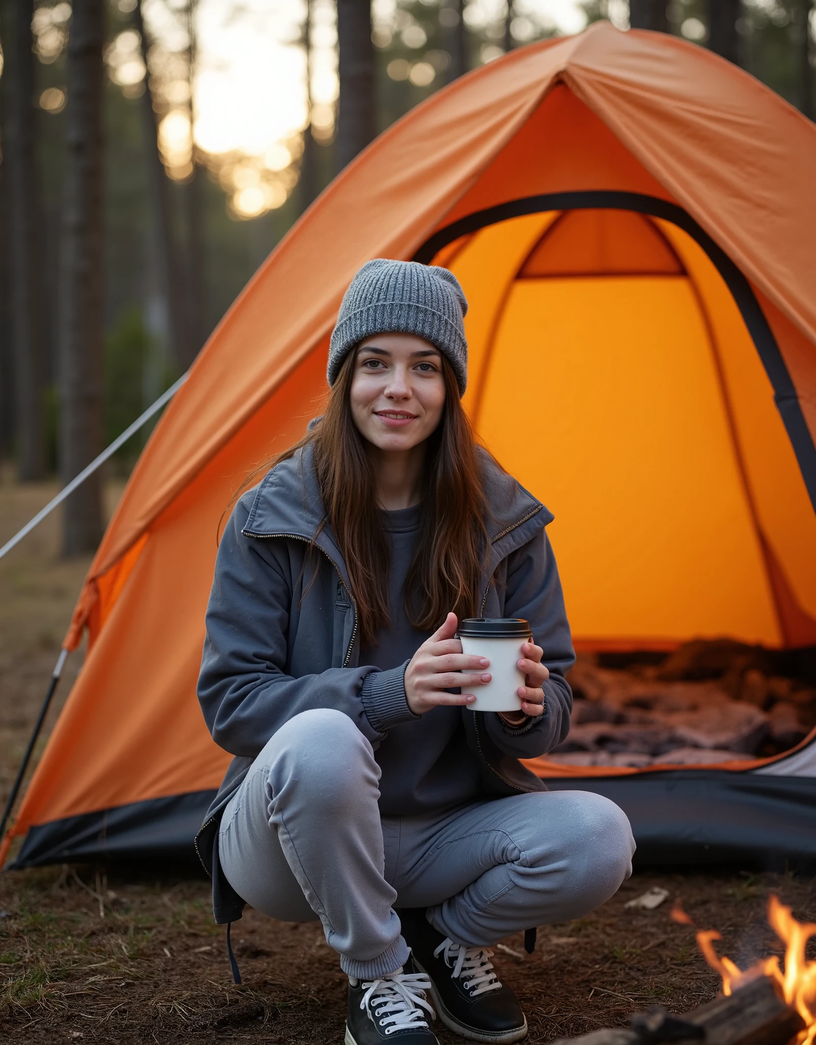 A professional outdoor photography of a beautiful young woman camping the wood; she wearing an fleece jacket, sweatpants and gray wool hat; she sitting outside of her orange tent; she holding a cup of coffee; small campfire; winter season; cozy atmosphere; sunset; sunset light; back lighting;