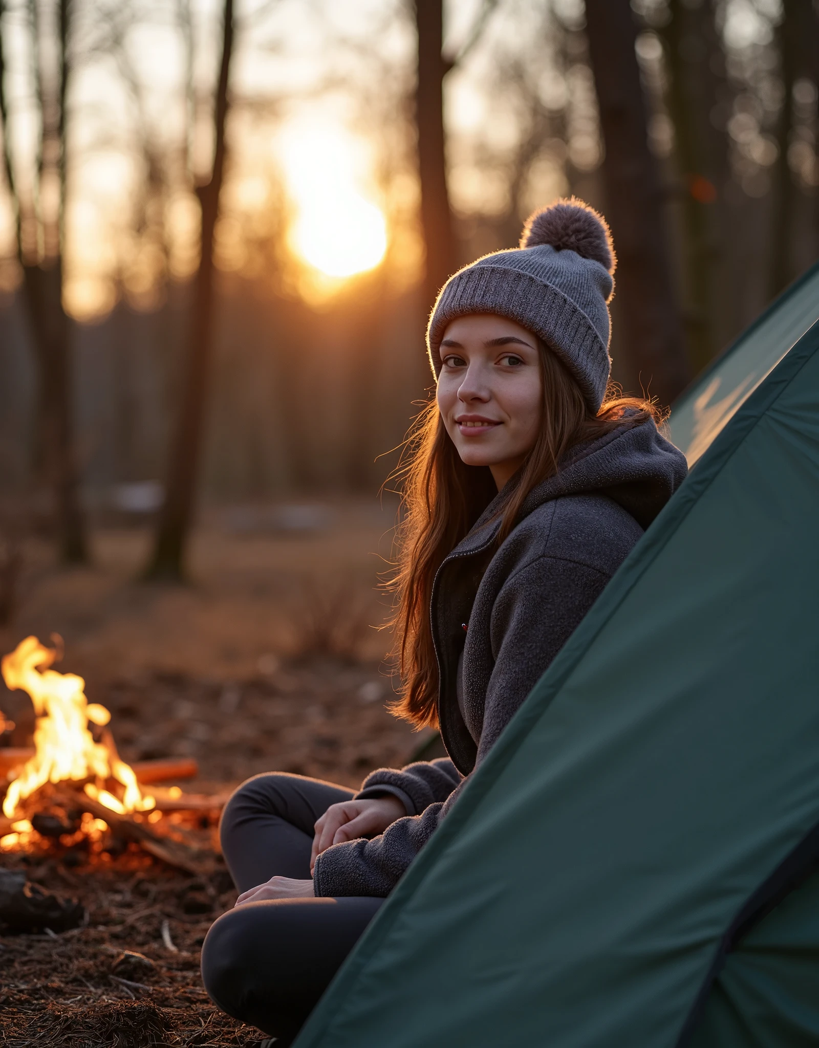 A professional photography of a beautiful young woman camping the wood; she wearing an fleece jacket and wool hat; she sitting outside of her tent; small campfire; winter season; cozy atmosphere; scenery sunset;