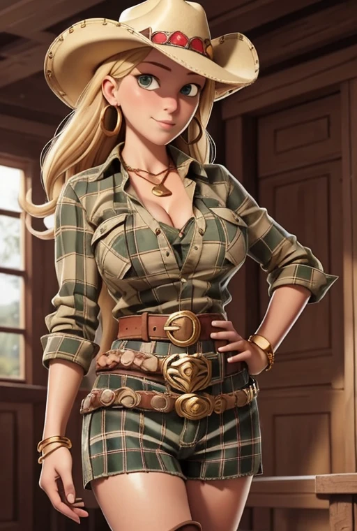 (score_9, score_8_up), a blonde woman, farmer, green eyes, voluptuous body, cowboy hat, plaid shirt, cleavage, shorts, high boots, belt with large buckle, gold earrings, gold necklace, gold bracelets,