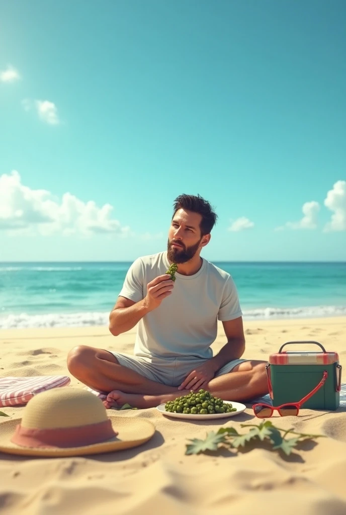 drawn in the form of a colored drawing, a fisherman is passed out on the sand of the beach and there is exactly one completely empty glass bottle next to him