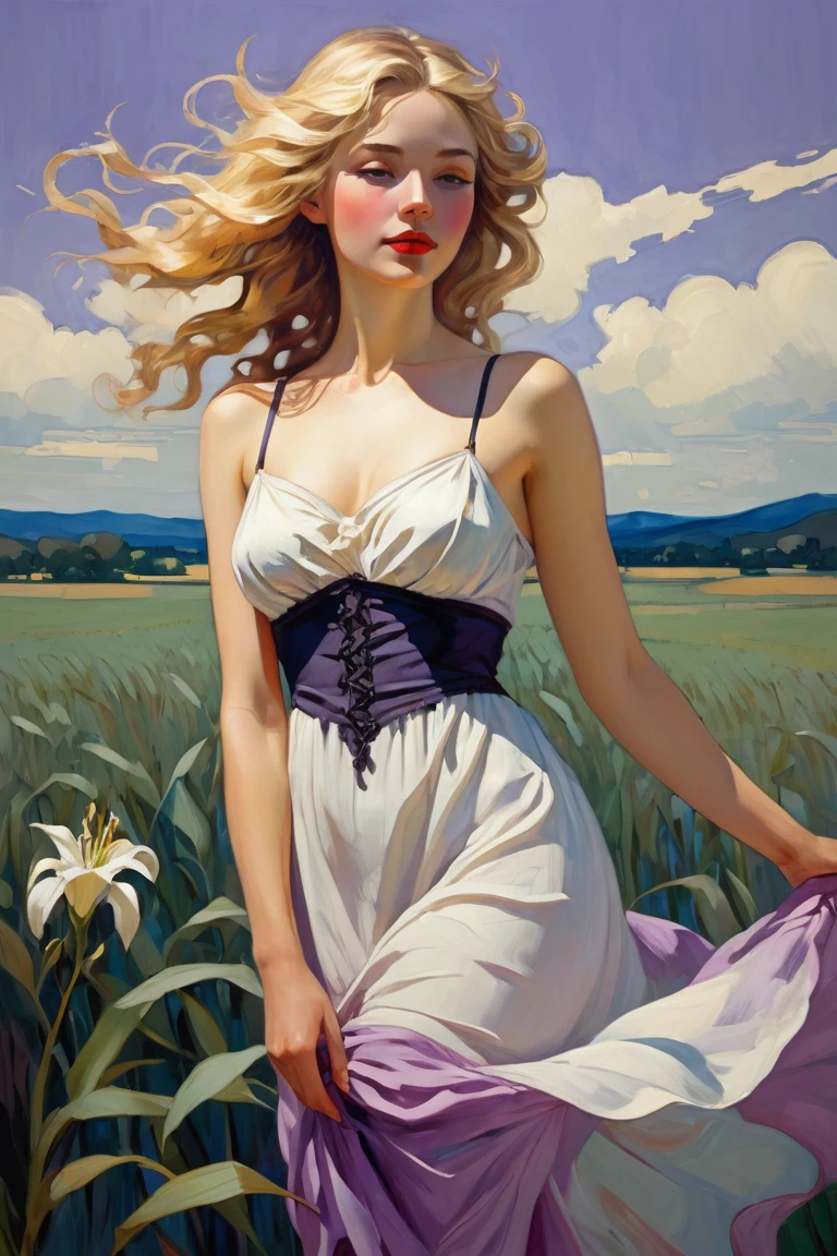 painting of a pale-skinned muscular huge-breasted blonde girl resembling Avril Lavigne in the style of norman rockwell, standing shyly in a sunlit park, naked, vibrant flowers surrounding her, a gentle breeze tousling her hair, an embarrassed expression on her face, detailed background with a blue sky and fluffy clouds, warm color palette