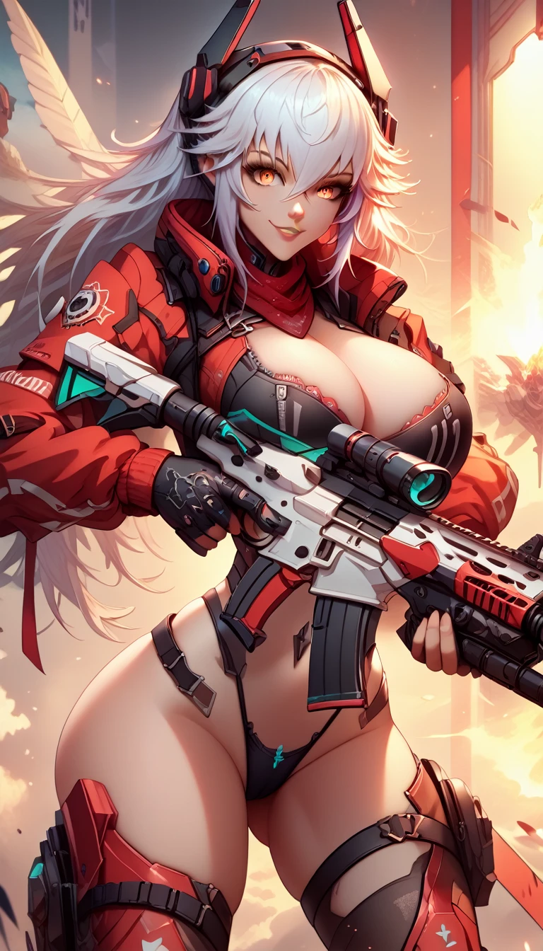 ultra-detailed, 1girl, solo, zentreya, zencyber, (masterpiece)), (best quality), (highres), 16K, yellow eyes, white hair, long hair, wearing tactical gear, black panties, busty body, large breasts and a beautiful ass, showcasing cleavage, legs, hips, (holding assault rifle), looking at viewer, detailed face, smile, detailed hair, detailed body, streets background