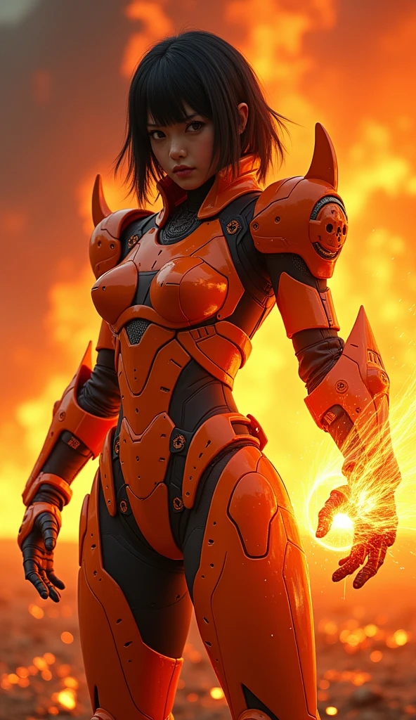 (masterpiece:1.2, Highest quality,High resolution,Super detailed),8k,wallpaper,(Very detailed),(Armored Core Style),Woman in ninja robot armor,Black Hair,Random Hairstyles,(Flame Ninja),(Red body),(Detailed face:1.3),(Detailed body:1.3),(Cowboy Shot:1.6),(The background is a red battlefield and a frog made up of a giant flame.:2.0),Hair blowing in the wind,cyber punk,(dynamic),(Preparing for battle,Stores a ball of fiery energy in the palm of your hand:2.0,The electronic parts of the armor glow.:1.6),(Detailed hands:1.6),(Flashy special move effects:2.0)