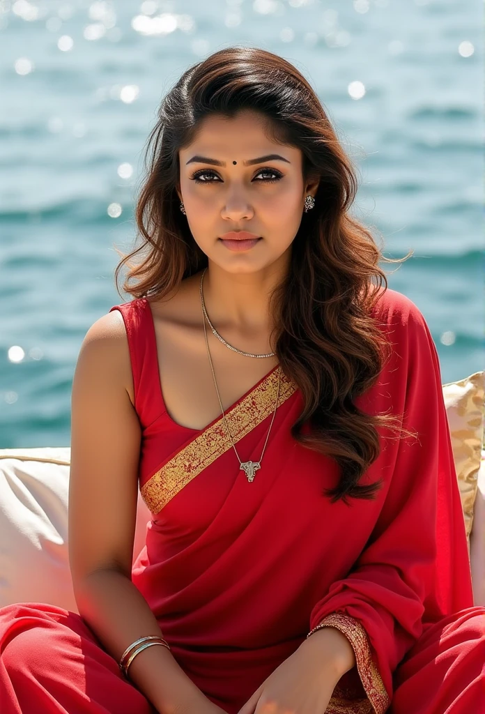 Full body photo portrait of beautiful   busty nayanthara ,  low camera angle wearing sexy saree   on a yacht sea view day scene , sitting and spreading her legs wide looking at viewer,, (realistic eyes, symmetric face:0.8) (masterpiece:1.2) (photorealistic:1.2) (bokeh) (best quality) (detailed skin) (intricate) (8k) (HDR)  (sharp focus), big breast,  Different hairstyle, long legs, deep neckline and cleavage , down blouse 