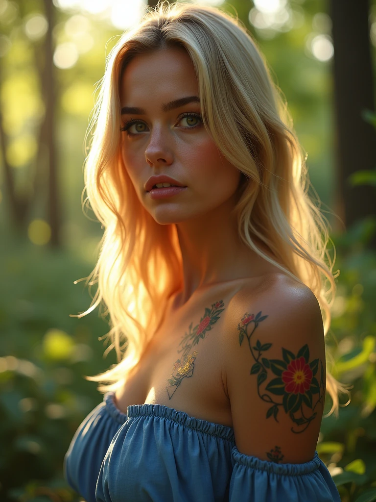 Sexy nude full body 30 y/o caucasian girl, dynamic, very sharp focus on eyes, highly detailed picture, loving, smile, large breast, blond balayage hair, tatoos, light freckels, bare face, very detailed eyes, round pupil, eyeliner, sexy rounded lips, ((standing in a colorful flower garden lighten by the warm sunlight))