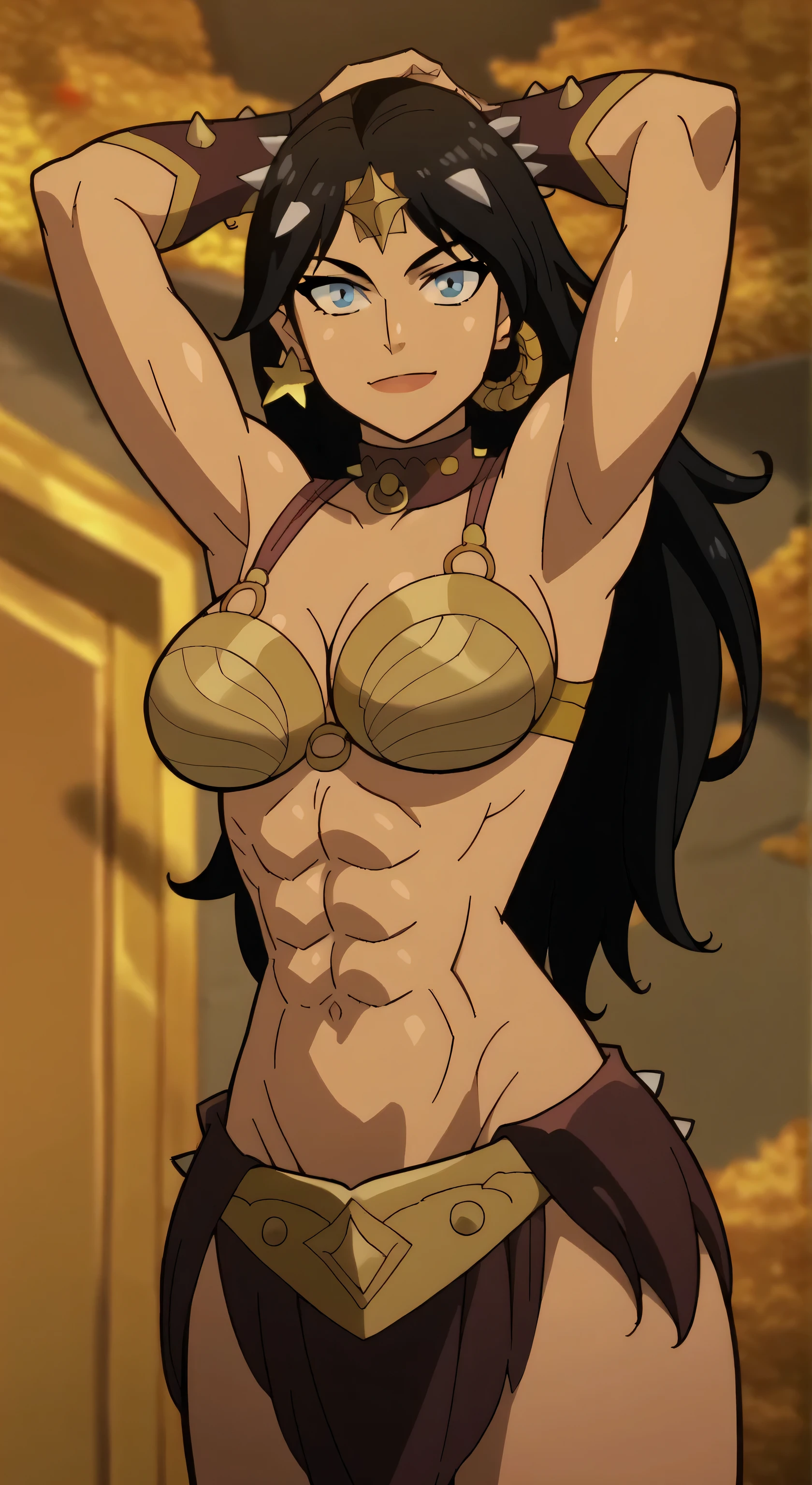 femboi, ((Masterpiece)), (1 girl), (Cute: 2.0), The face is extremely detailed, Enchanted expression, Strong gaze, Black Double French Braid, (Thin structure), Japanese girl, Slightly round face, Tanned brown face, Healthy face, Big eyes, Shorts, Thin thighs, (Small chest), confident pose, harsh, Almond-shaped eyes, rich palette,choker necklace,3D