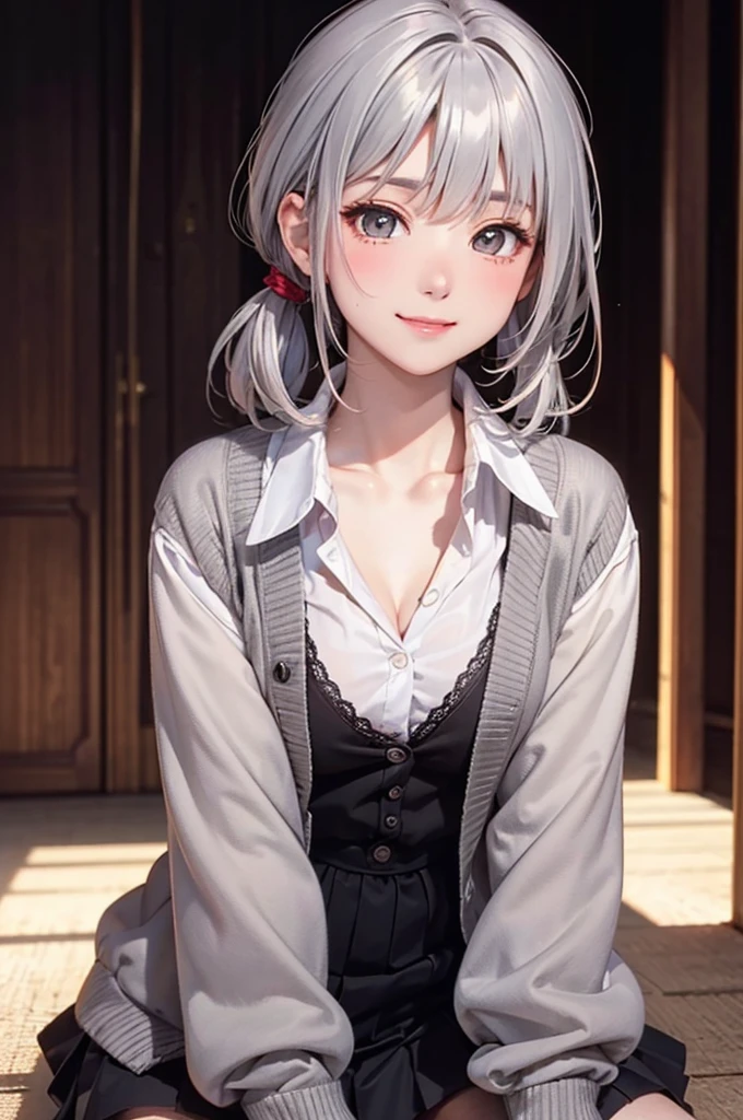 (masterpiece:1.2, top-quality), (realistic, photorealistic:1.4), beautiful illustration, (natural side lighting, movie lighting), nsfw,
looking at viewer, (face focus, upper body), cowboy shot, 1 girl, japanese, high school girl, perfect face, (perfect anatomy:1.4), cute and symmetrical face, white skin, shiny skin,
(short hair:1.2, straight hair:1.2, silver hair), bangs, blue eyes, big eyes, long eye lasher, (large breasts), slender,
beautiful hair, beautiful face, beautiful detailed eyes, beautiful clavicle, beautiful body, beautiful chest, beautiful thigh, beautiful legs, beautiful hands,
(detailed cloth texture, open cardigan, beige long cardigan, dark brown duffel coat, white knit sweater, black tight skirt),
(beautiful scenery), winter, evening, (dining room, dinner is lined up on the dining table, window), sitting chair, (lovely smile, upper eyes, parted lips),
