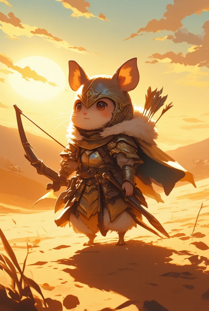 In the vast, rolling dunes of a sun-scorched desert where the sands whisper ancient secrets, there wanders a daring traveler of diminutive stature, a hamster of unsurpassed charm and courage. Clad in intricate armor crafted from shimmering scales and gleaming metal plates, this tiny hunter is a vision to behold. Adorned with a sleek, pointed helm that shields its soft, tufted ears from the biting desert winds, it carries a weapon of exquisite design—a miniature bow, each arrow tipped with the stinger of a scorpion. Its soft, fur-lined cloak ripples like a silken banner of valor as it treads upon the golden grains. The sky above blazes with an amber glow as the sun descends, casting long shadows that dance to the rhythm of the wind's gentle song. With each step, this small yet mighty wanderer exudes an aura of valor, as if echoing the dragonflies gliding above to whisper, "Behold, the sands honor the hamster hunter."