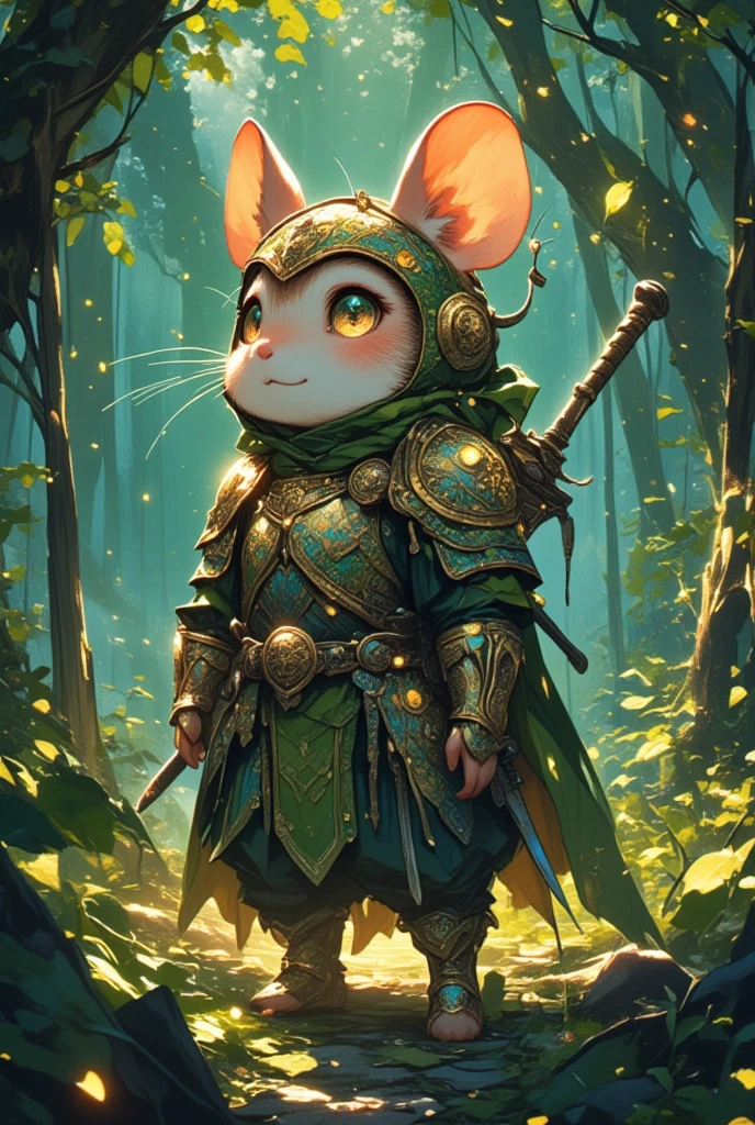 Nestled deep in the heart of an ancient enchanted forest, where the canopy is a kaleidoscope of emerald and gold, there exists a realm untouched by time. Here, in this mystical expanse of towering trees that cradle the whispers of wood sprites, we find a most enchanting sight—a hamster garbed in the attire of a legendary hunter. Its armor is a delicate weave of stitched leaves and enchanted bark, imbued with the luminescence of bioluminescent fungi. Perched lightly on its back is a pair of ornate daggers, their blades shimmering with the iridescent sheen of fallen stardust. Its eyes, as bright as the fireflies flitting in the twilight, convey an air of infinite wisdom. As the moonlight spills like silver across the forest floor, the soft crunch of its paws is accompanied by the gentle melodies of an owl’s serenade, celebrating the presence of this intrepid hamster amongst the ancient green.