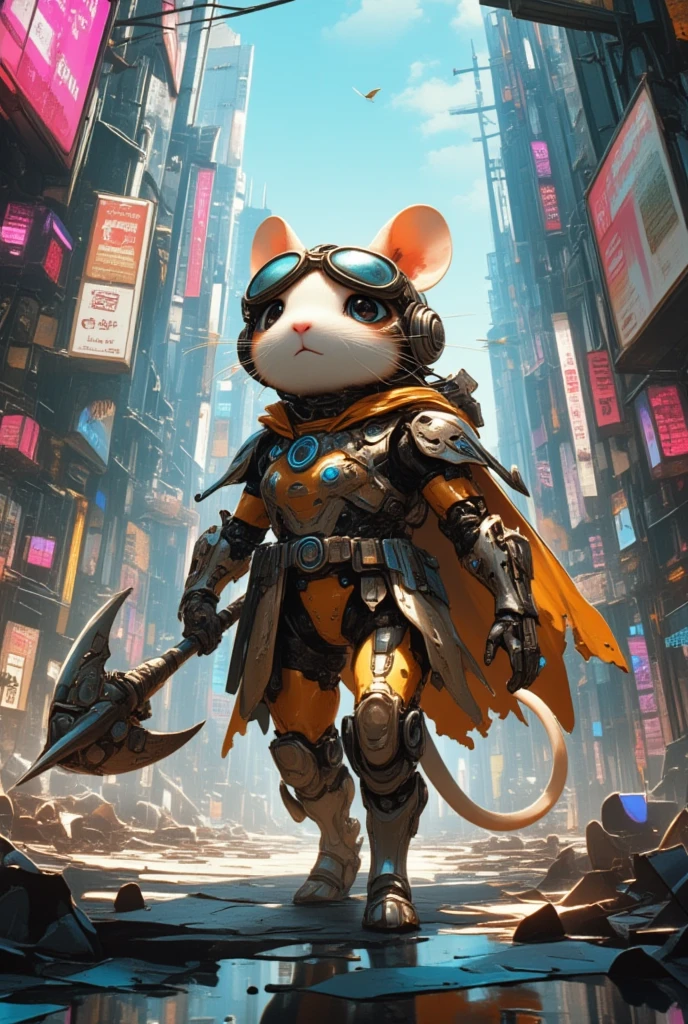 In the heart of a sprawling metropolis where buildings stretch towards the heavens like the ribs of giants, skulks a remarkable creature, a hamster whose size is eclipsed by its indomitable spirit. It dons armor crafted from the forsaken remnants of this urban jungle—gleaming circuit boards and glinting shards of glass. Its visage is framed by a visor fashioned from the lens of aviator goggles, both practical and infinitely stylish. It wields a spiked mace, tiny yet mighty, forged from the metallic tendrils of ancient machinery. As it journeys through narrow alleyways bathed in the kaleidoscopic glow of neon lights, each step resonates with the rhythm of the city's heart. Here, amidst the cacophony and pulse of urban life, the hamster forges its own song—a ballad of adventure sung in electric whispers and echoed in the hum of distant engines.