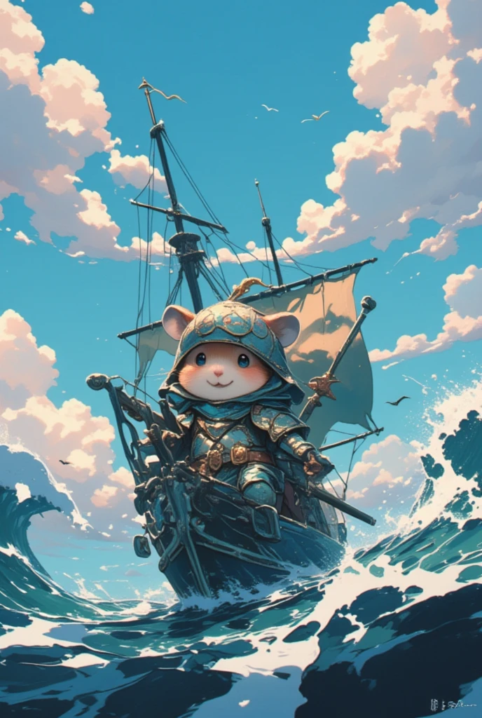 Set adrift upon the endless blue where the horizon kisses the sky, a seafaring hamster embarks upon a legendary voyage across the great ocean's expanse. Clad in scale-mail armor crafted from the opalescent shells of the deep's mysterious denizens, this seafarer is both poignant and picturesque. Across its waist is belted a rapier as fine as a sea breeze, its hilt encrusted with pearls and starfish motifs. As the sun dips below the waves, the shimmering crests of the ocean sing a gentle lullaby, echoing the lore of sailors gone by. Its ship—a miniature vessel with sails stained the color of twilight—glides gracefully, buoyed by the hamster’s indomitable spirit. Sea birds call out its name, crafting a serenade that dances with the gentle whispers of mermaid songs, marking the passage of this tiny yet audacious voyager on its eternal quest for adventure.