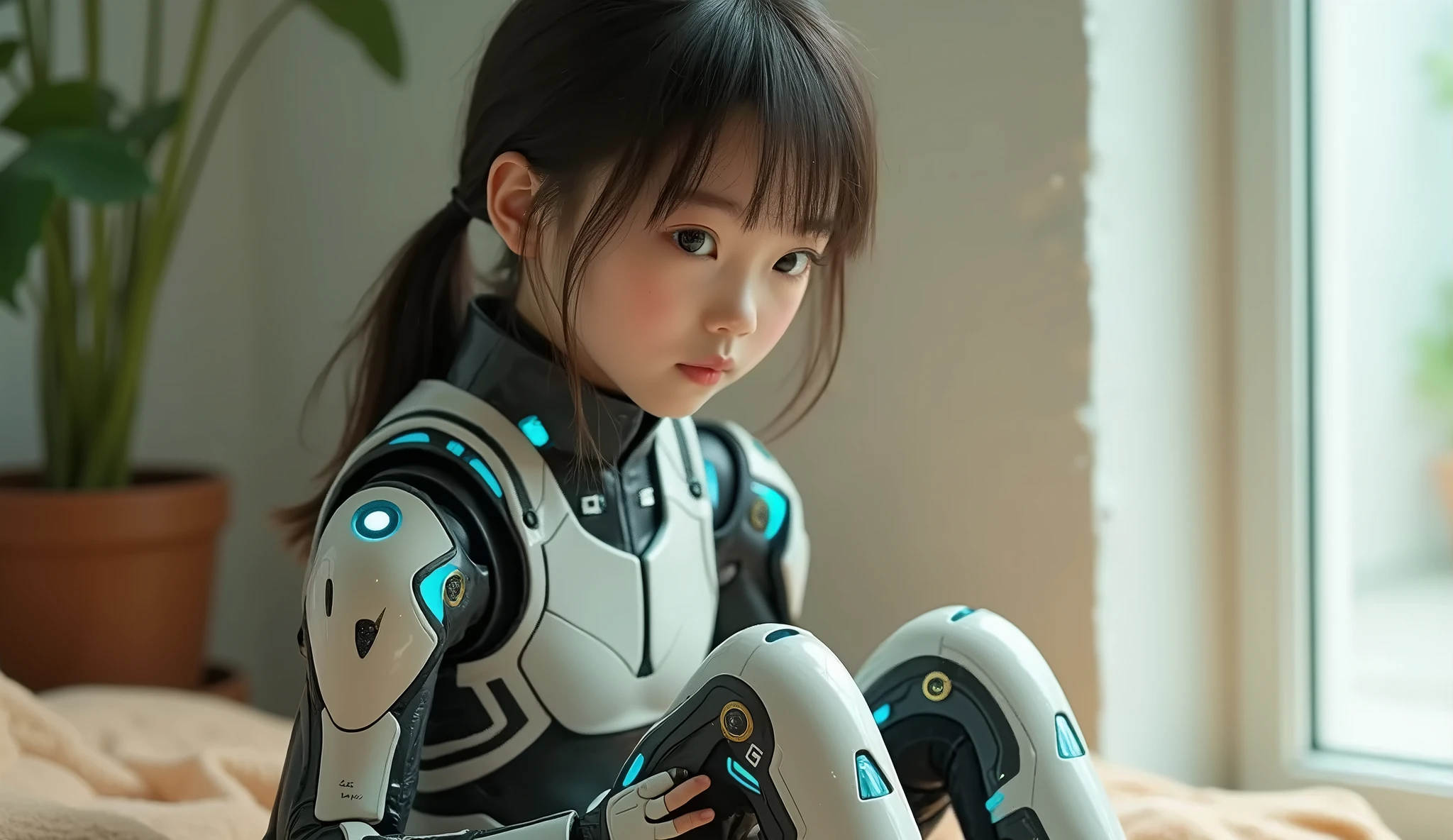 (Future character design),sci-fy,in a futuristic world,A female Robot Butler,The head is also equipped with a pair of sensitive ears,Can accurately capture your baby's voice,The body shape is designed very elegantly,The body is made of smooth white material,Her hands are flexible and strong, people feel comfortable and warm.,Hands equipped with smart sensors,Can accurately sense the baby's temperature and touch,to take better care of your baby,The lower body is designed as a comfortable walking robot,She can walk freely at home. Her big bright eyes are always paying attention to her clothes and she is very particular about what she wears.。She is wearing a stylish yet comfortable white dress,The dress is decorated with various cute patterns,Wearing a pair of light white shoes on soft feet,Enables her to walk freely around the home without any noise。The design is full of feminine softness and care,At the same time, it also possesses powerful intelligence and flexible movements.。She is a beautiful scenery in the future family,Let people enjoy the convenience brought by technology while,I also felt the warmth and care